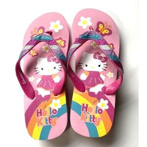 Hello Kitty Flip Flops Sandals 6.5-7 Sanrio Rainbows and Glitter